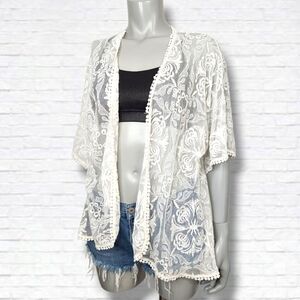 San Souci White Lace Embroidered Sheer Cover Up Cardigan Size M
